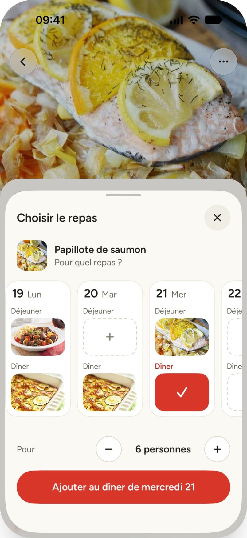 Le choix du repas pour une papillote de saumon, jour par jour : le dîner du mercredi 21 est coché, pour 6 personnes.
