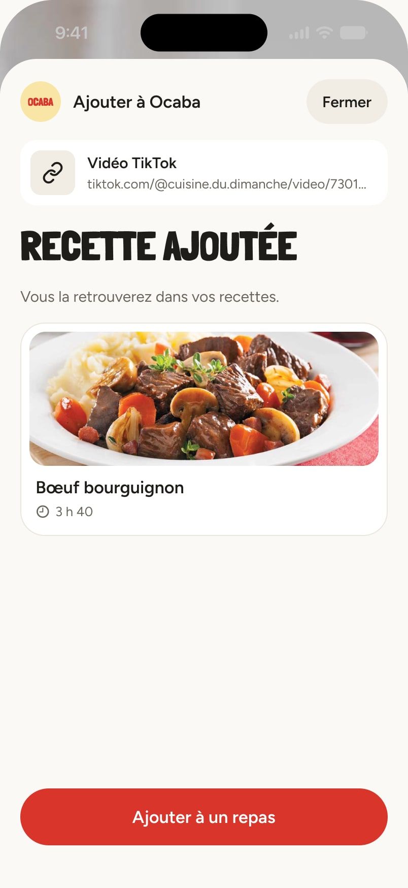 Recette ajoutée depuis une vidéo TikTok : le bœuf bourguignon, 3 h 40, avec le bouton « Ajouter à un repas ».