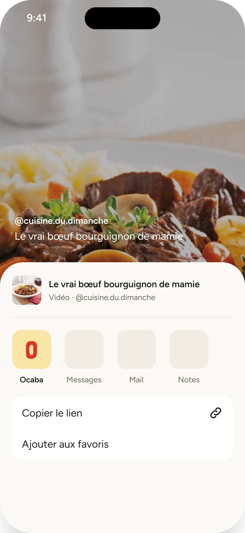 La feuille de partage d'une vidéo de bœuf bourguignon, avec Ocaba en premier parmi les apps.