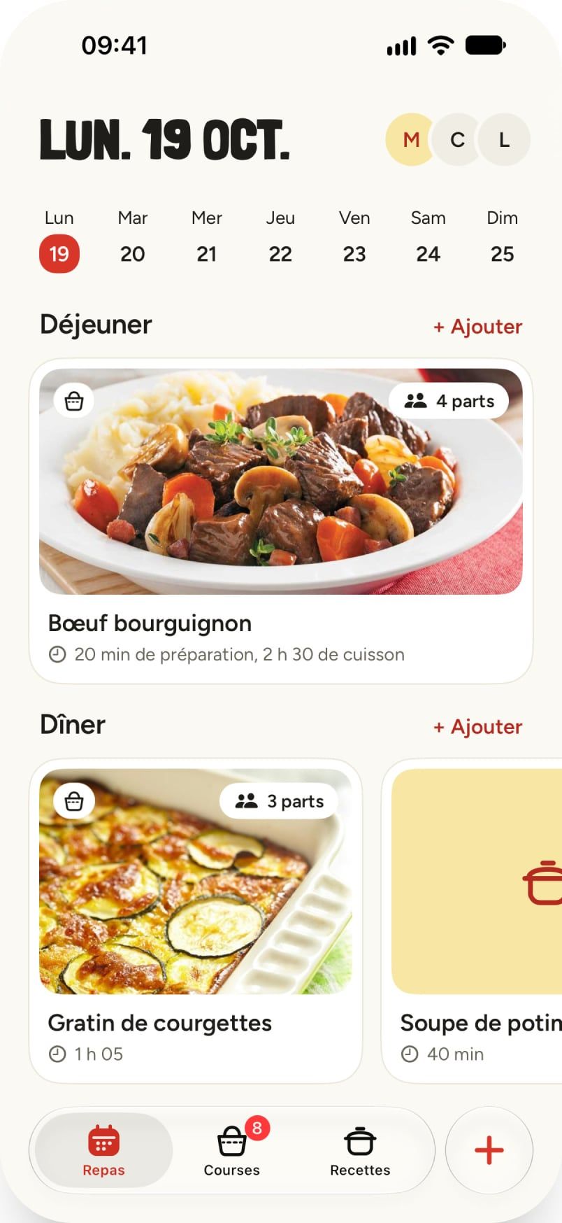L'écran Repas d'Ocaba, lundi 19 octobre : un bœuf bourguignon pour 4 au déjeuner, un gratin de courgettes pour 3 et une soupe de potimarron au dîner. Le bœuf et le gratin sont dans les courses.